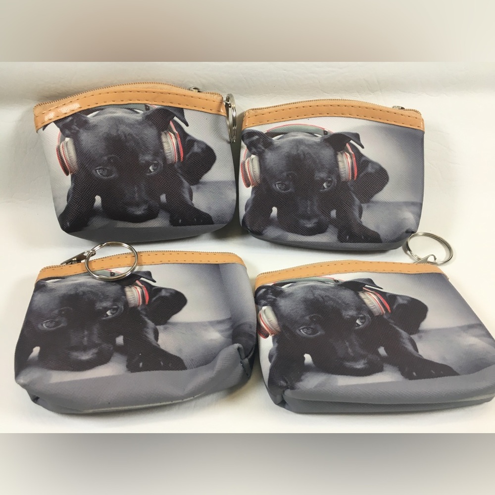 4 PC 4.5” x 4.5” Double Sided Puppies Mini Coin Purse With Keychain Wallet Gift